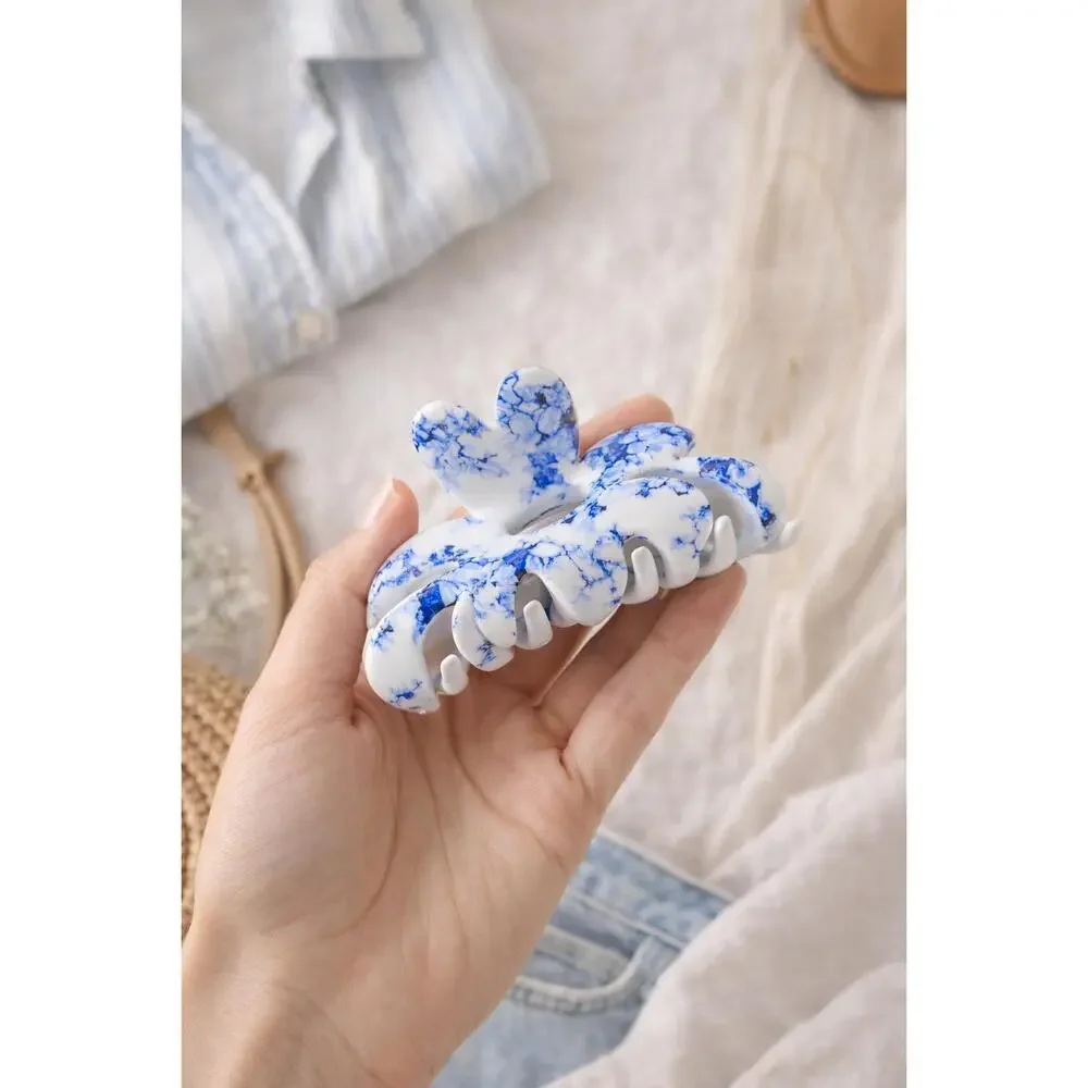 Blue Porcelain Bloom Claw Clip – Coastal Floral Hair Clip Medium Glossy Everyda